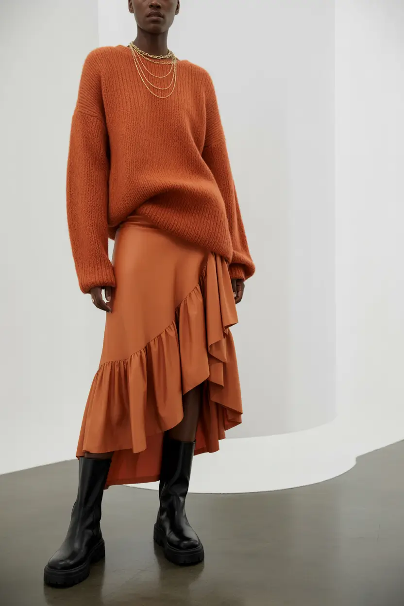 Spring Office Outfits 2026 Warm Monochrome With a Soft Ruffle Skirt