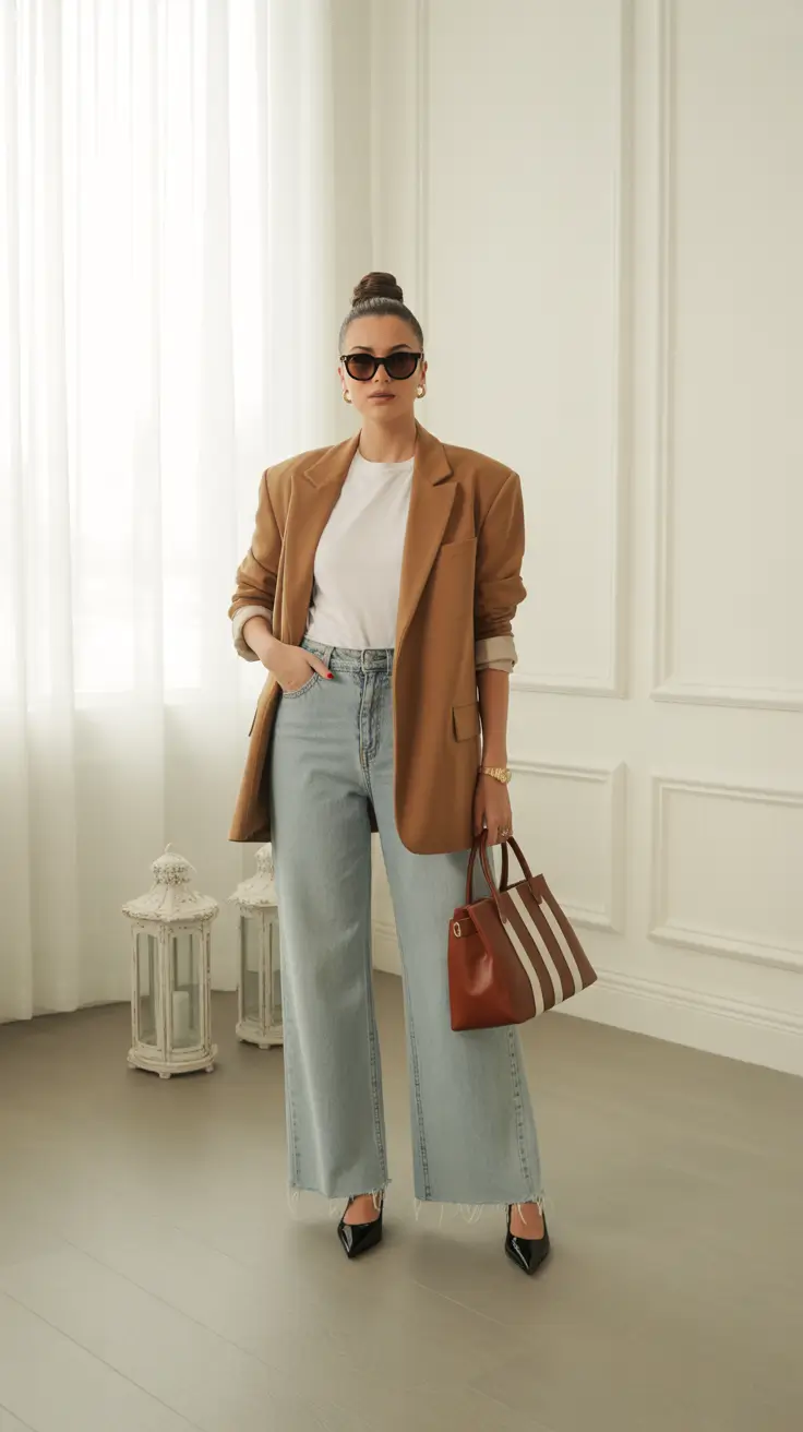 Spring Office Outfits 2026 Polished Camel Blazer and Light Denim Confidence