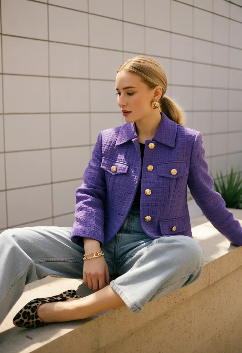 Spring Office Outfits 2026 Bold Purple Jacket and Casual Work Wear Cool
