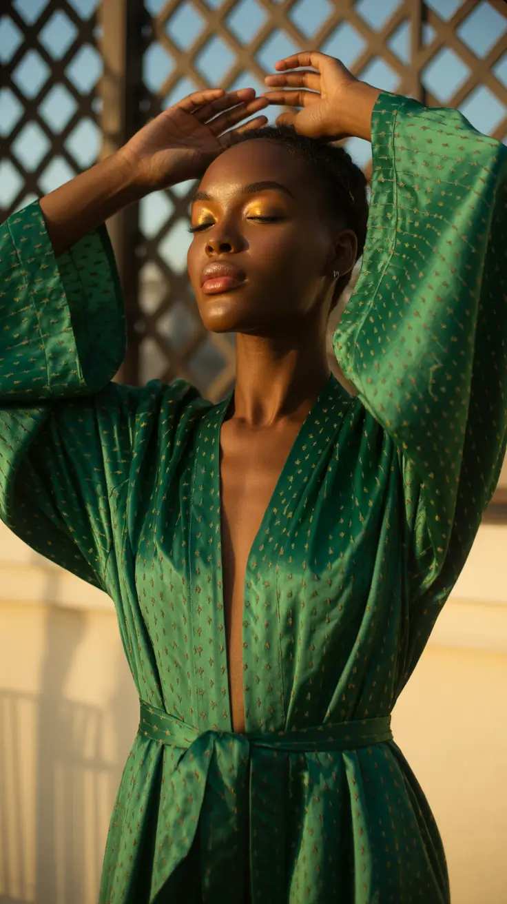spring outfits black women 2026 Emerald Robe Dress for Golden Hour Glam