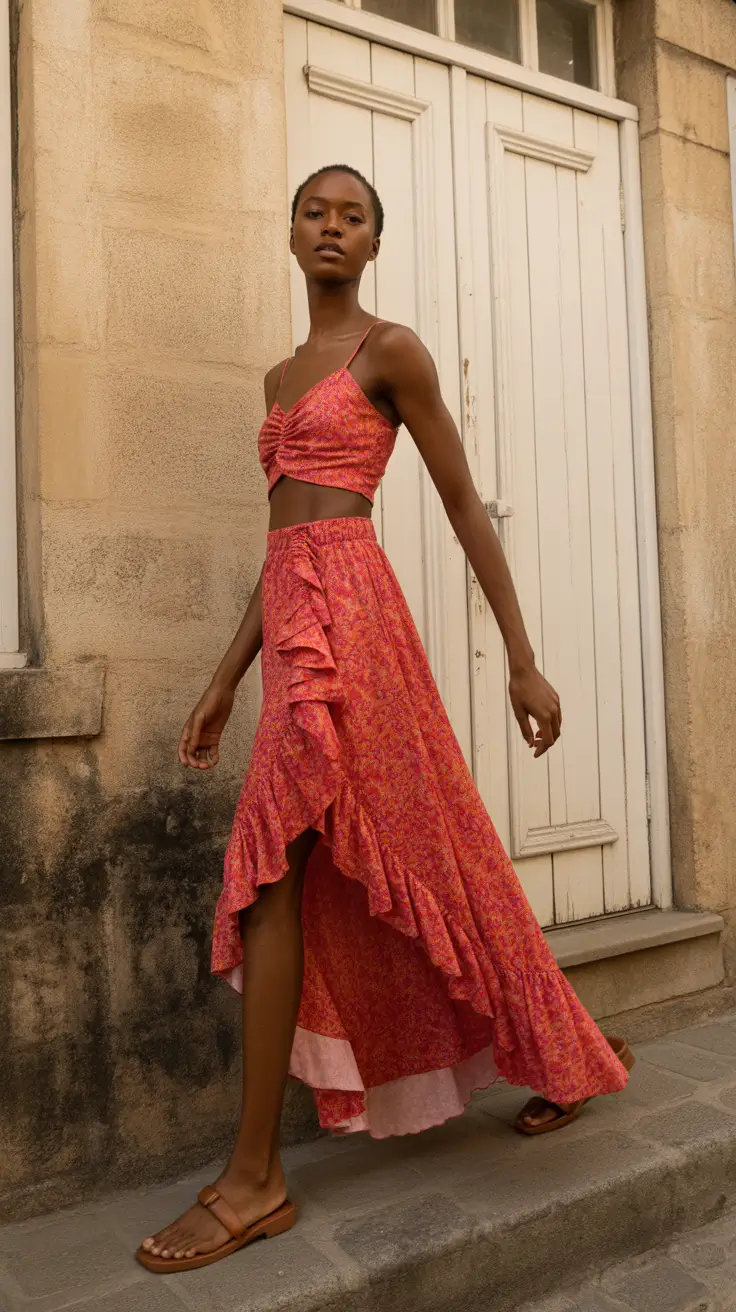 spring outfits black women 2026 Pink Ruffle Two Piece for Romantic Spring Days