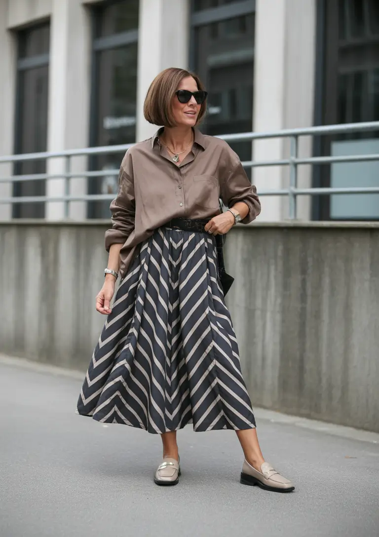 Spring Outfits for Women Over 50 Graphic Skirt Meets Polished Minimalism