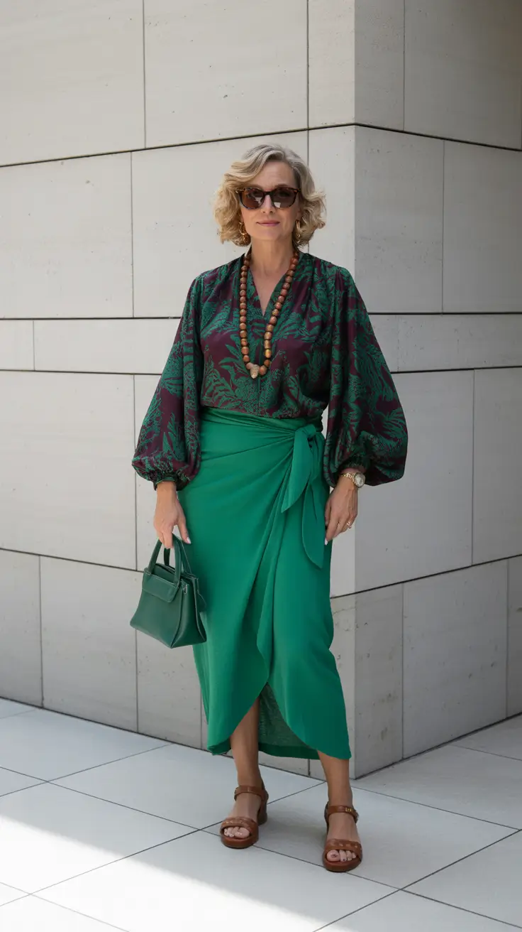 Spring Outfits for Women Over 50 Deep Green Prints with Modern Structure