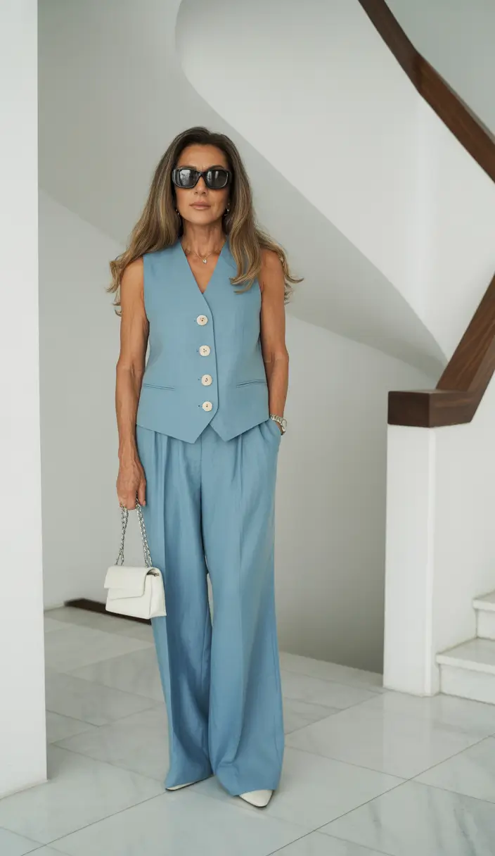 Spring Outfits for Women Over 60 Blue Tailored Vest