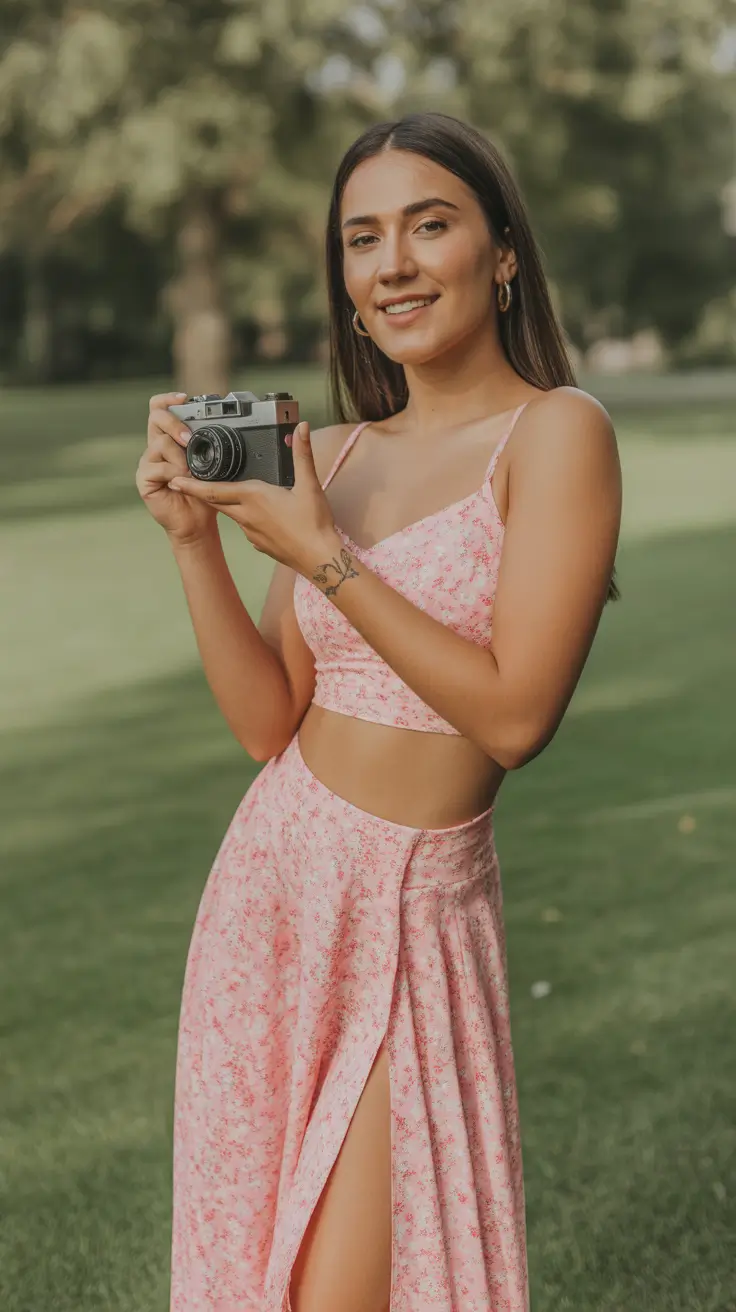 spring skirt outfits 2026 Pink Slit Maxi for Golden Hour Walks