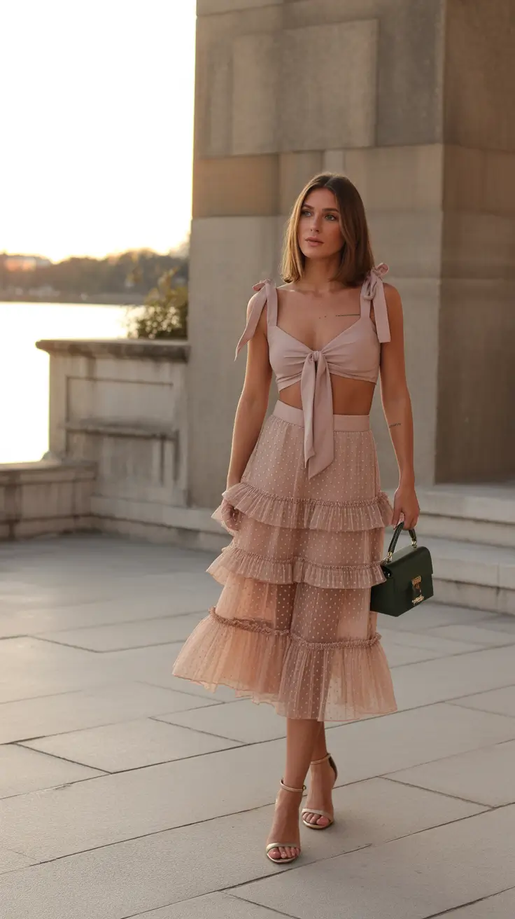 spring skirt outfits 2026 Blush Tulle Midi for Soft City Evenings
