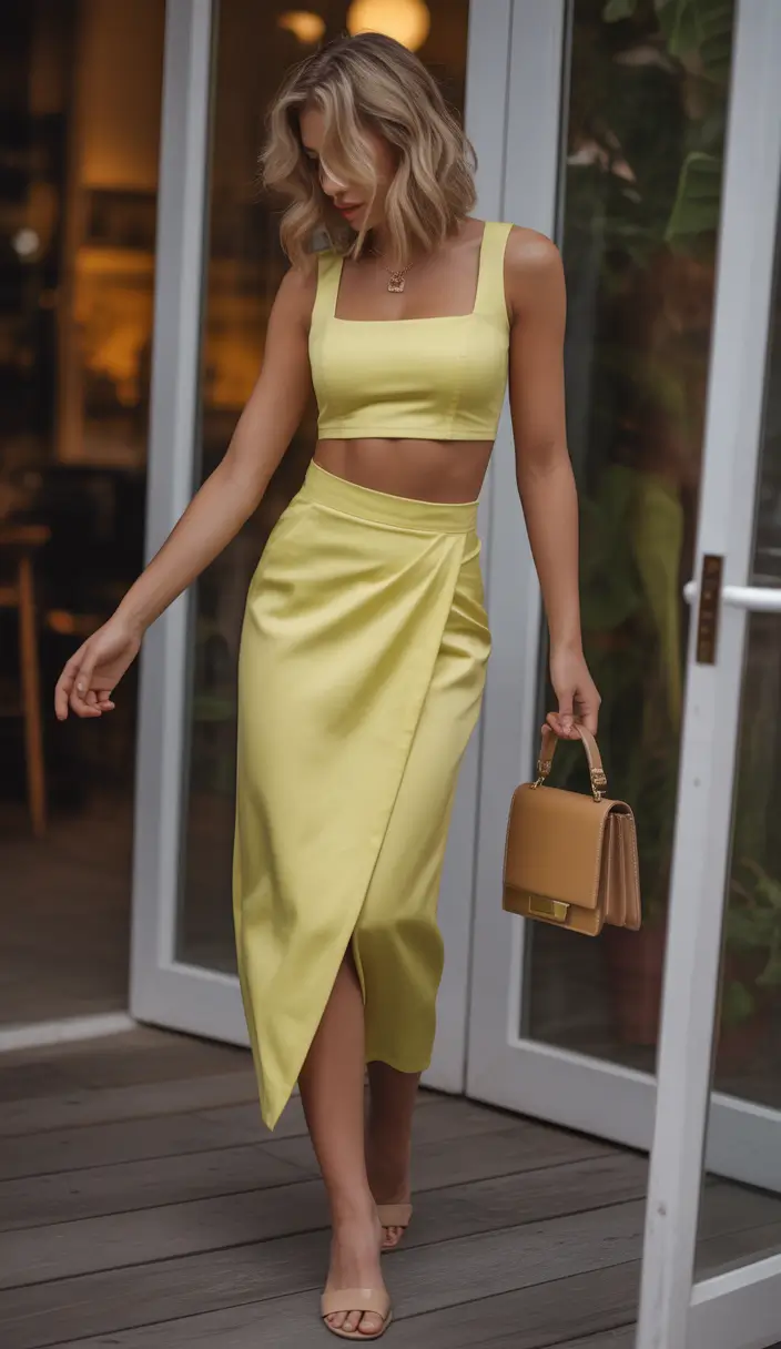 spring skirt outfits 2026 Lime Satin Wrap Midi for Minimal Glam