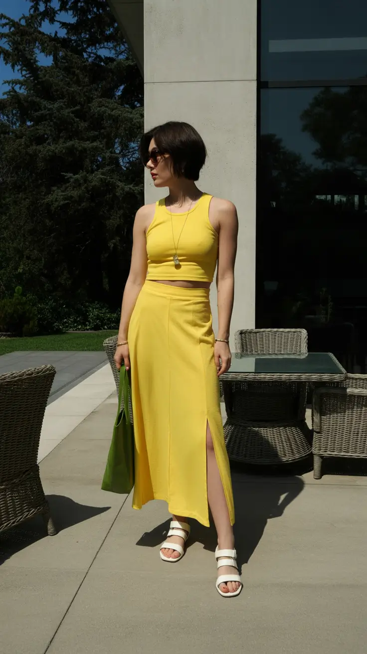 spring skirt outfits 2026 Sporty Yellow Maxi with Green Pop