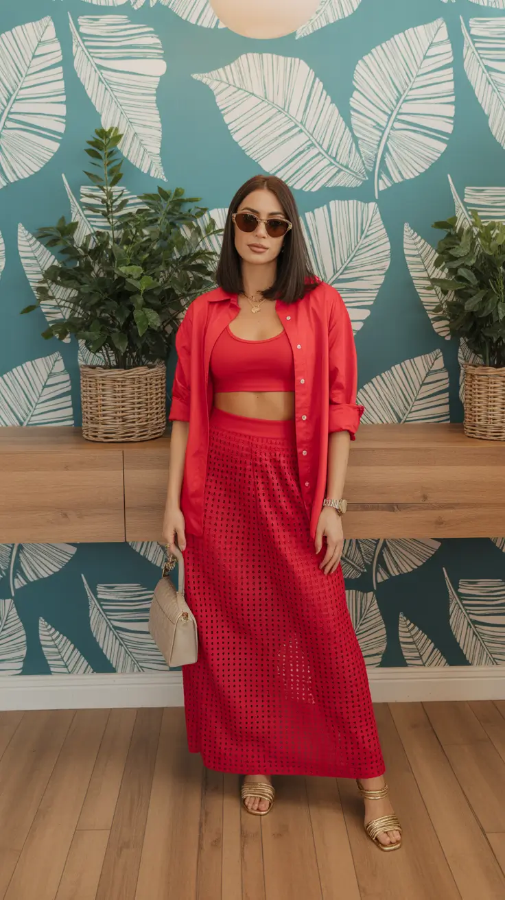spring skirt outfits 2026 Monochrome Red With a Confident Twist