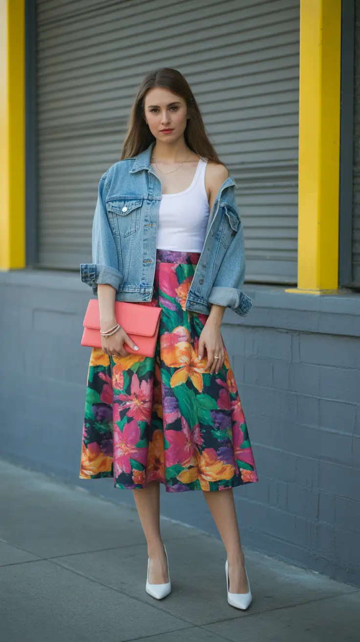 spring skirt outfits 2026 Denim Layers and Floral Confidence