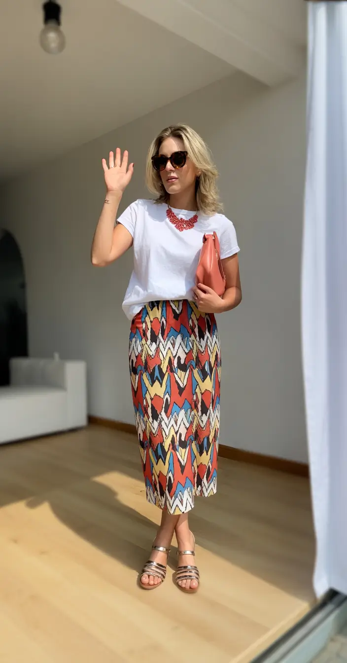 spring skirt outfits 2026 Bold Print Midi for Sunny Weekdays