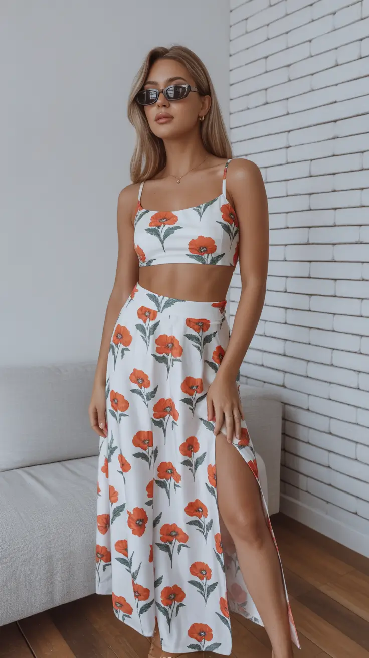 spring skirt outfits 2026 Poppy Print Set With a Clean Aesthetic
