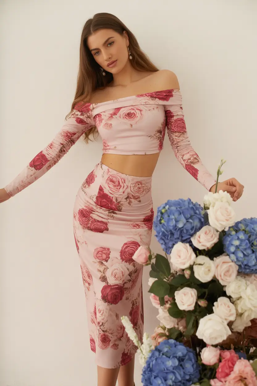 spring skirt outfits 2026 Rose Print Midi with a Body Skimming Fit