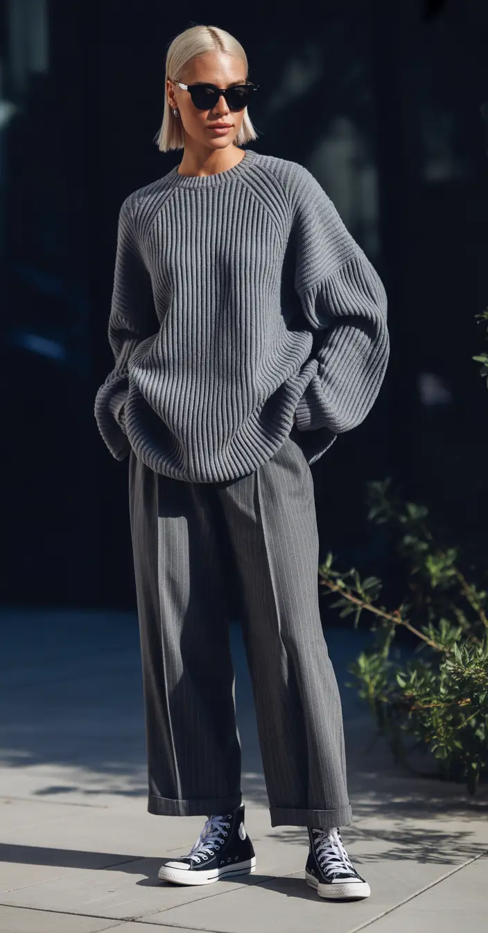 spring transition outfits 2026 Chunky Knit and Wide Trousers for Off Duty Chic