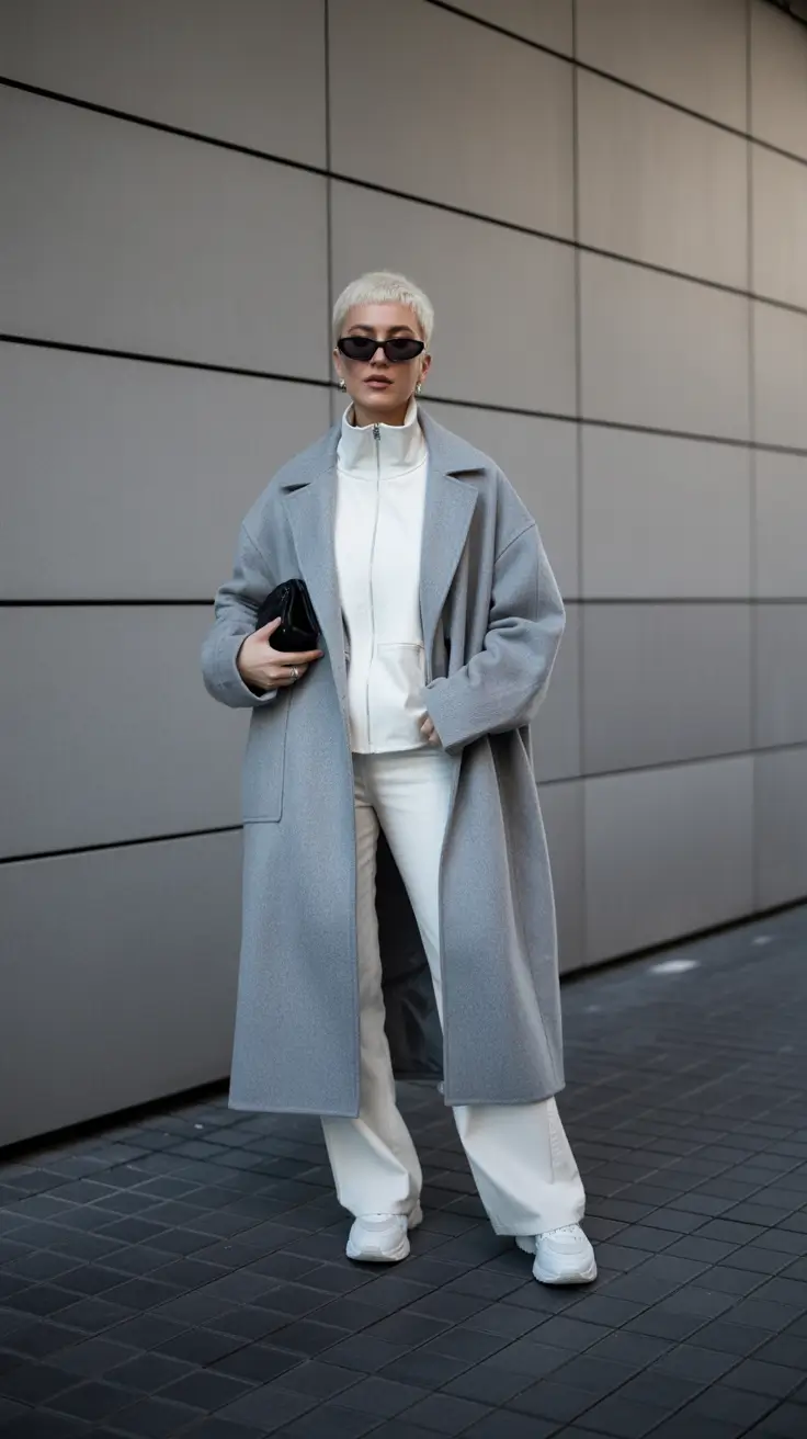 spring transition outfits 2026 Gray Coat and White Layers for Minimal Cool