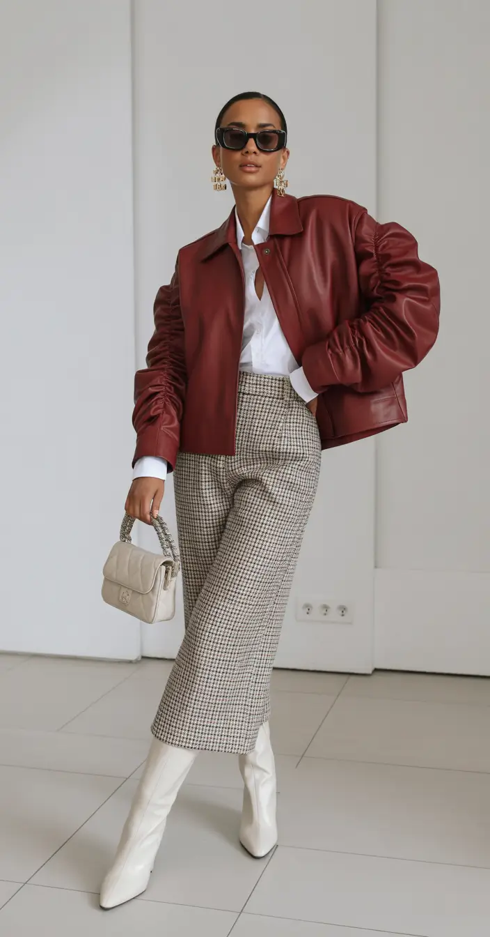 spring transition outfits 2026 Red Leather and Tweed for Elevated Business Casual