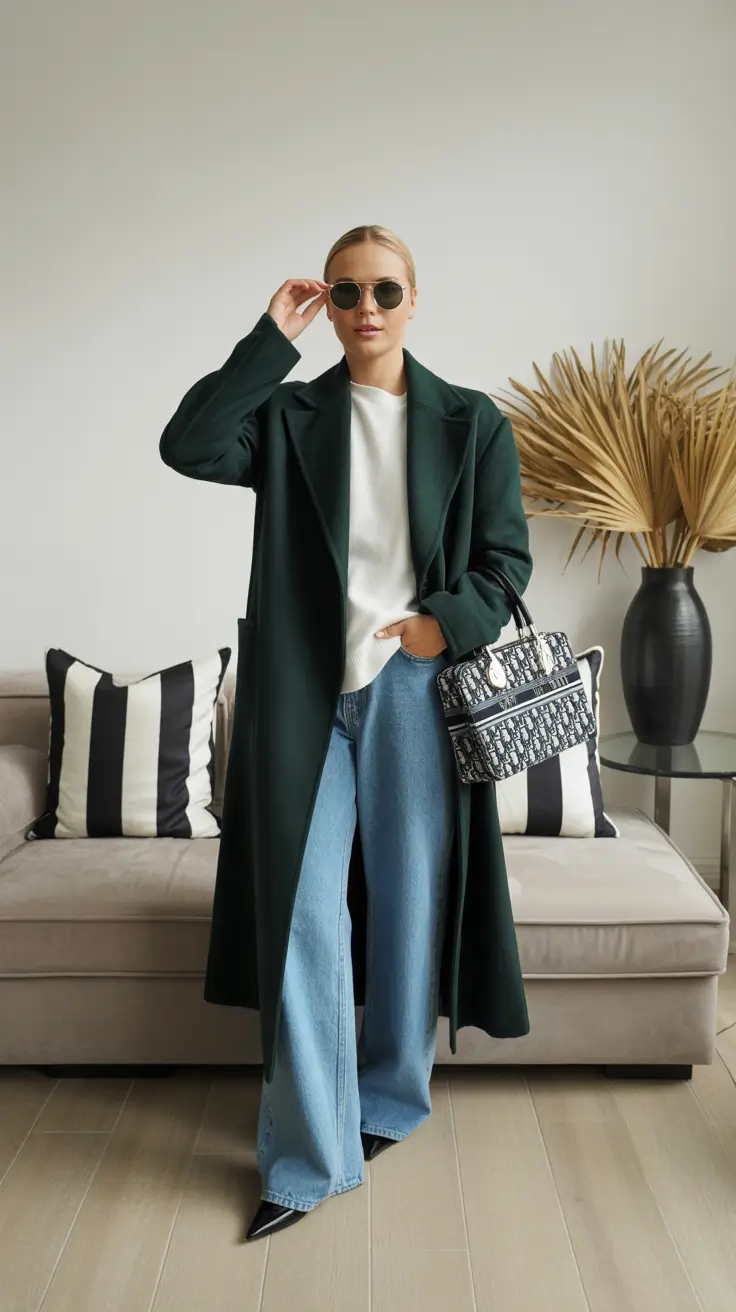 spring transition outfits 2026 Polished Green Coat With Wide-Leg Jeans