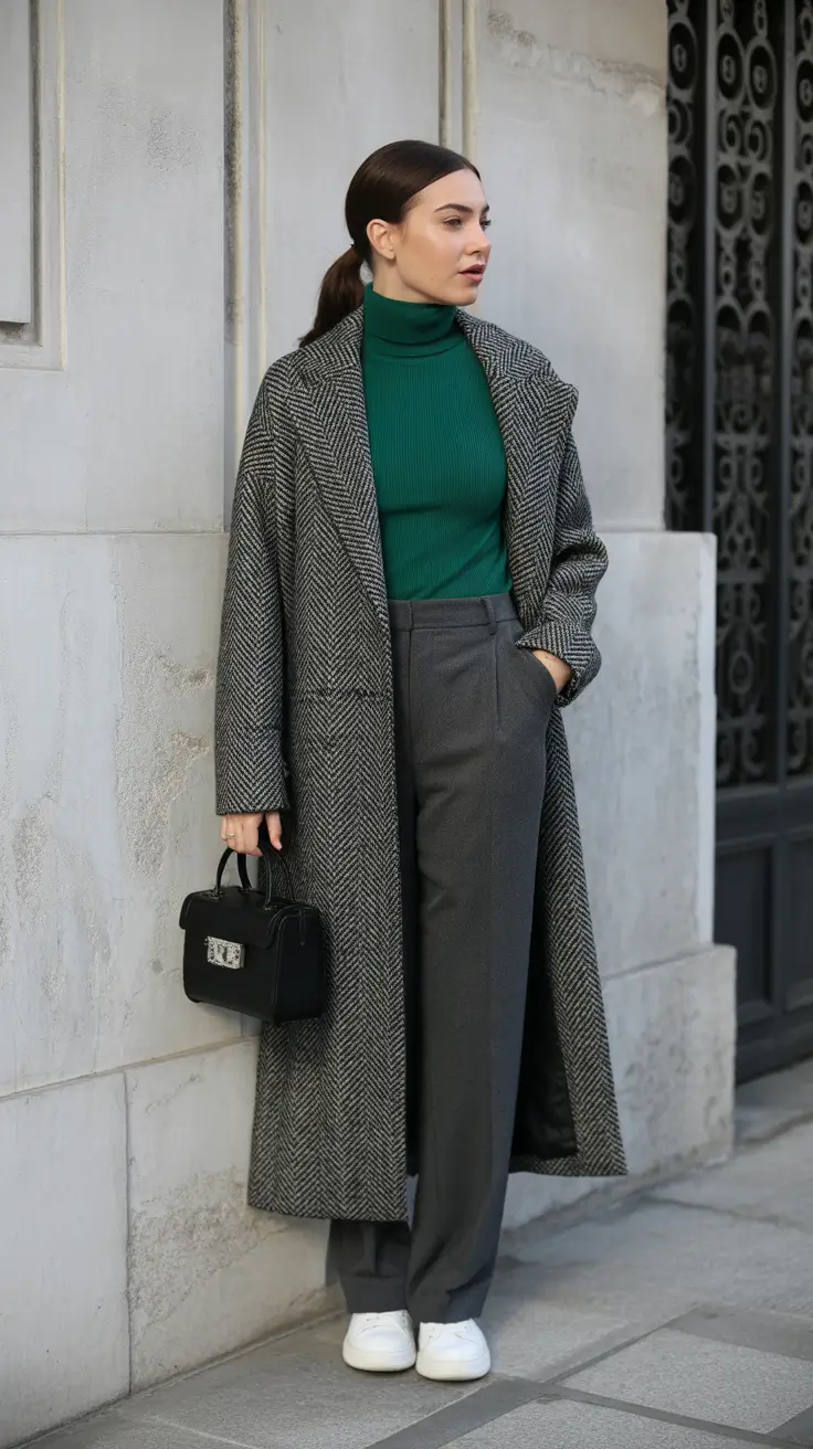 spring transition outfits 2026 Business Casual Layers With a Green Turtleneck