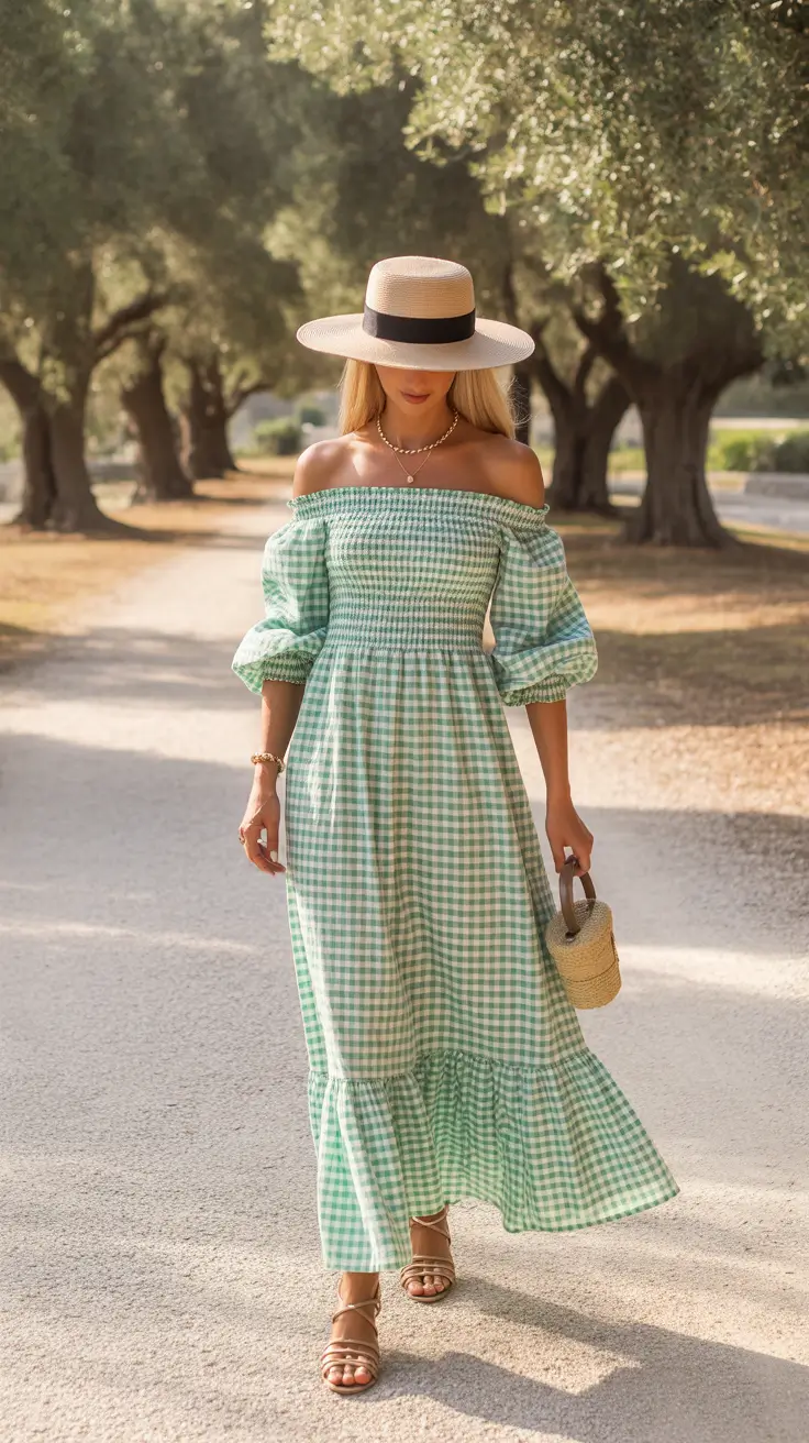 Spring travel outfits 2026 Gingham Dress