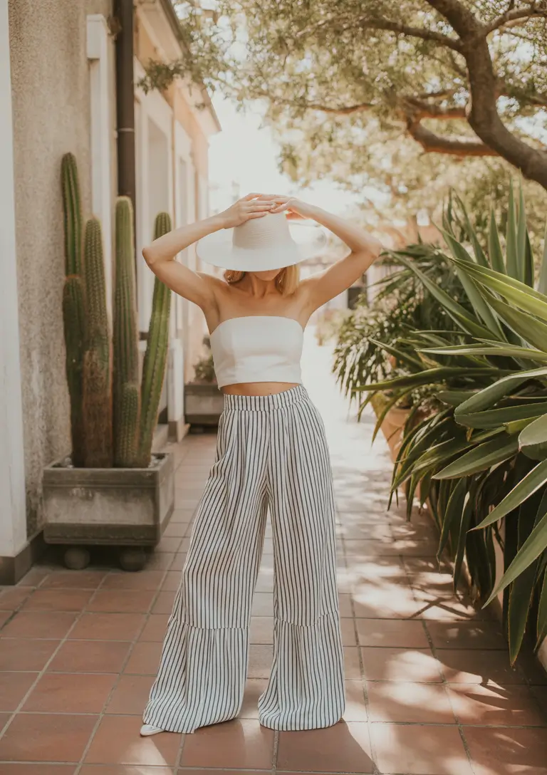 Spring travel outfits 2026 Stripe Pants and Sun Hat for Southern Europe