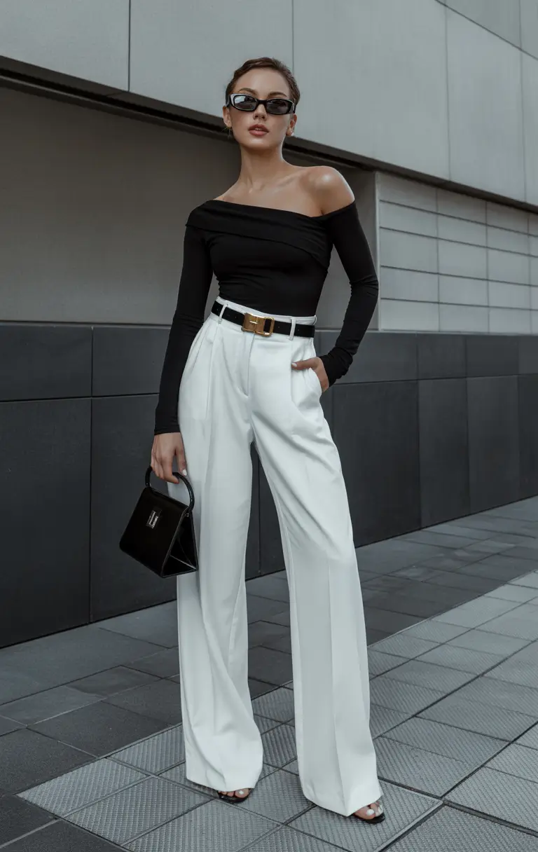 Spring travel outfits 2026 Off Shoulder and Wide Leg Pants