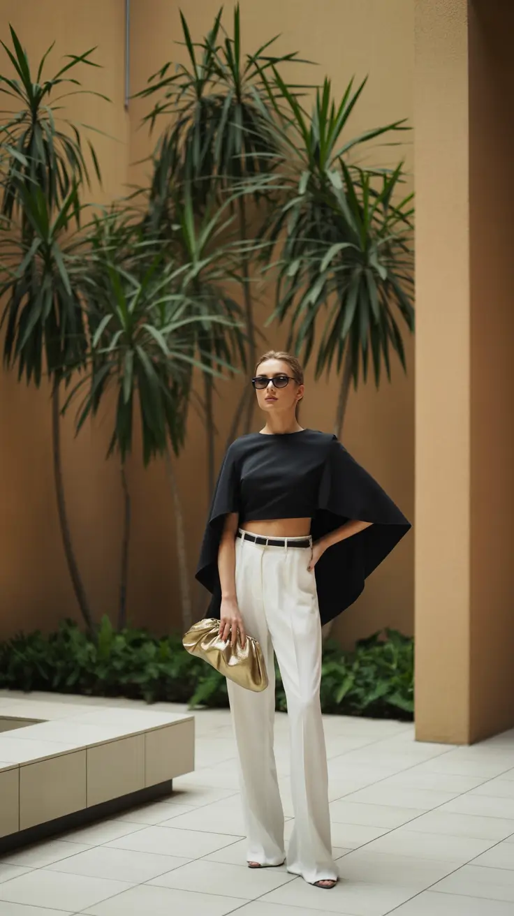 Spring travel outfits 2026 Cape Top and White Pants