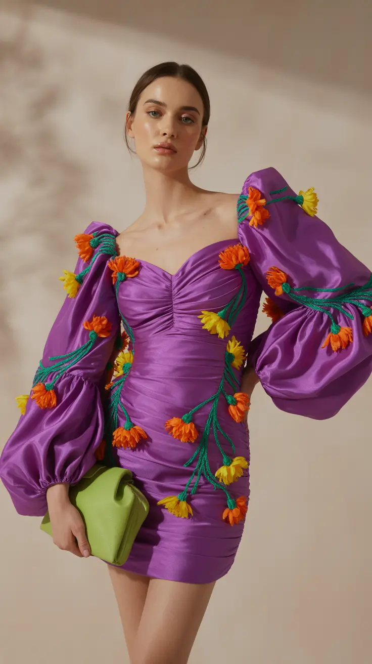 spring wedding guest outfit 2026 Violet Mini with Floral Applique Drama