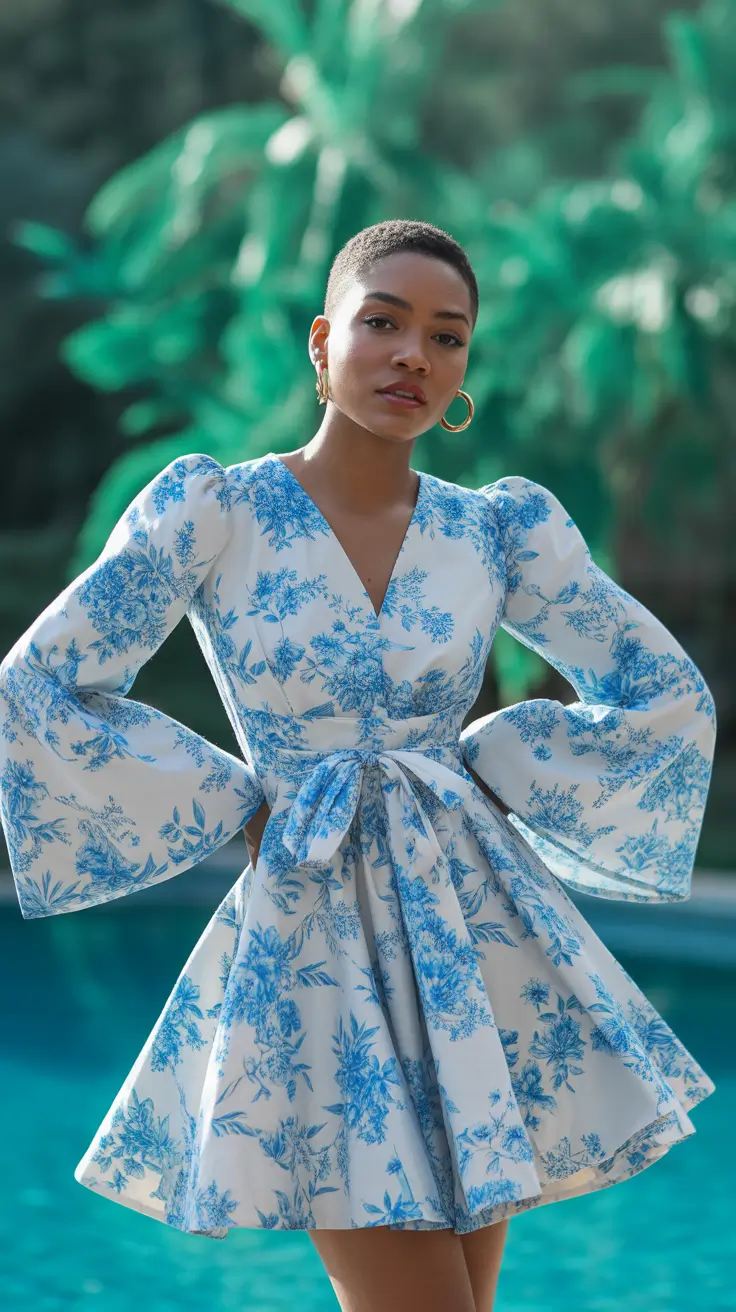 spring wedding guest outfit 2026 Blue Toile with Romantic Sleeves