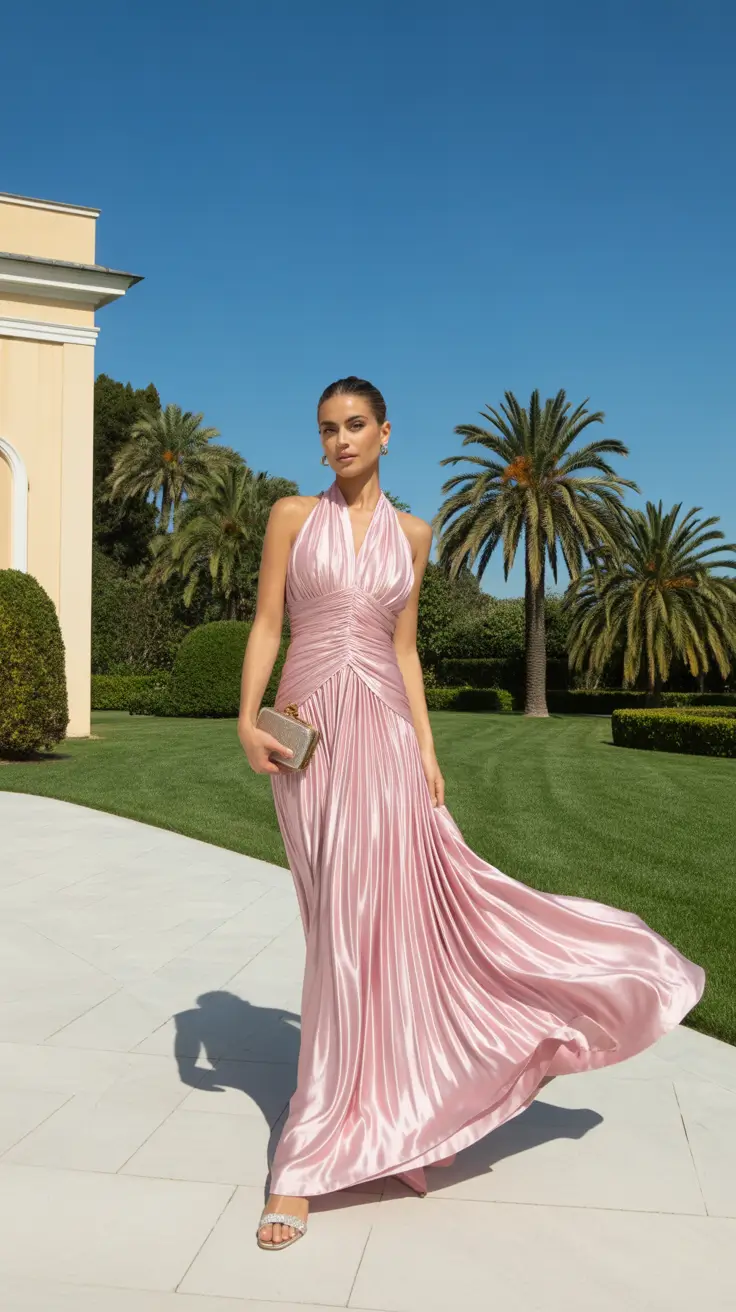 spring wedding guest outfit 2026 Pink Metallic Gown for Outdoor Formal Evenings