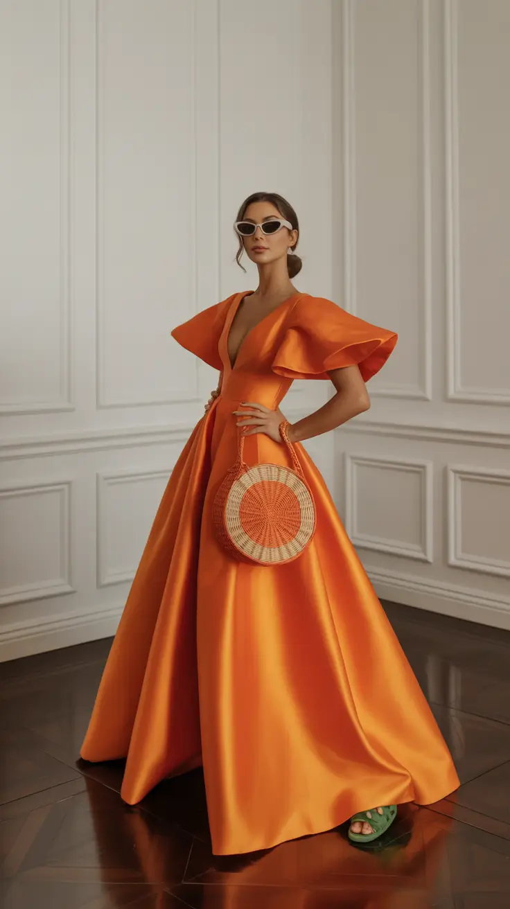 spring wedding guest outfit 2026 Orange Satin Gown with Fashion Editor Energy