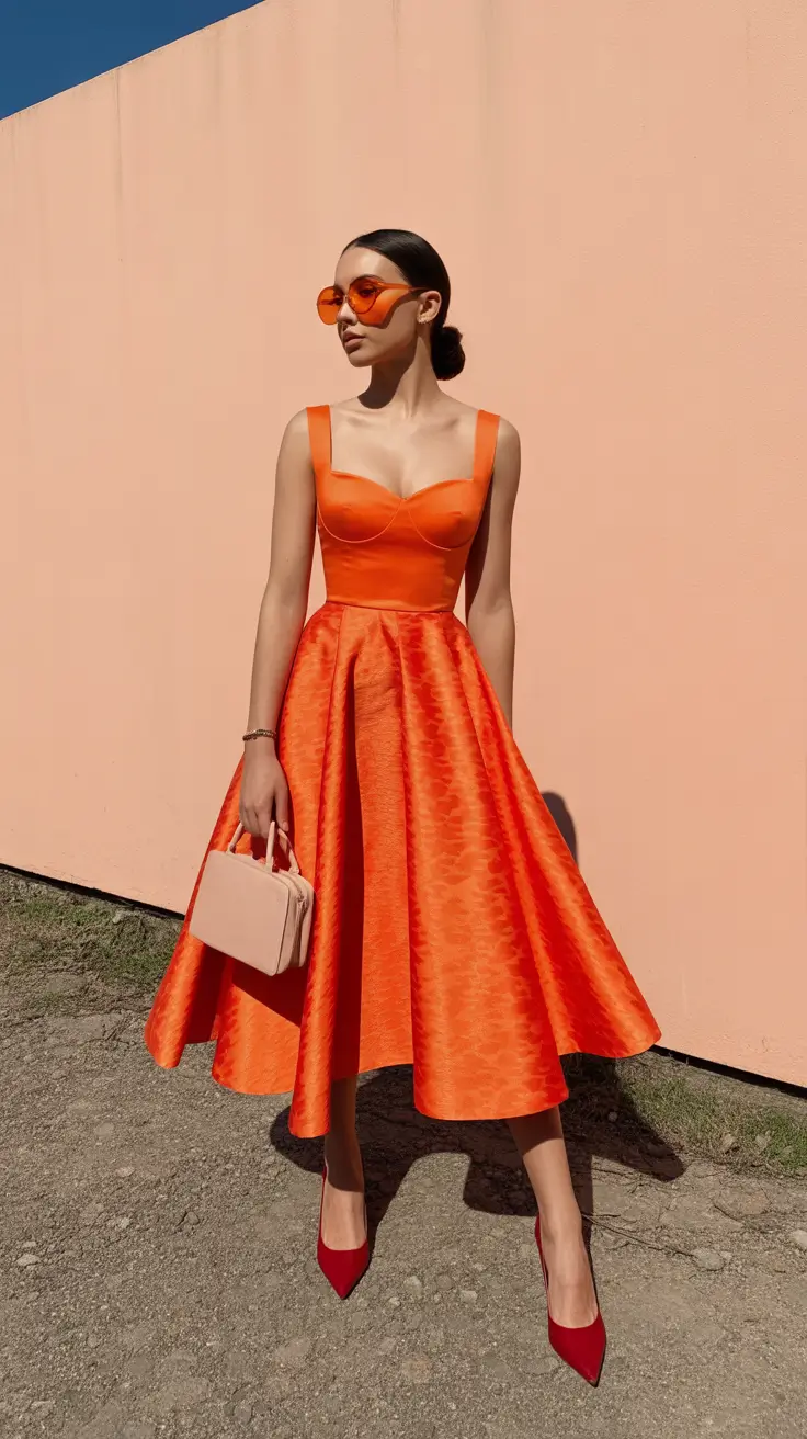 spring wedding guest outfit 2026 Orange Satin Midi for Modern City Weddings