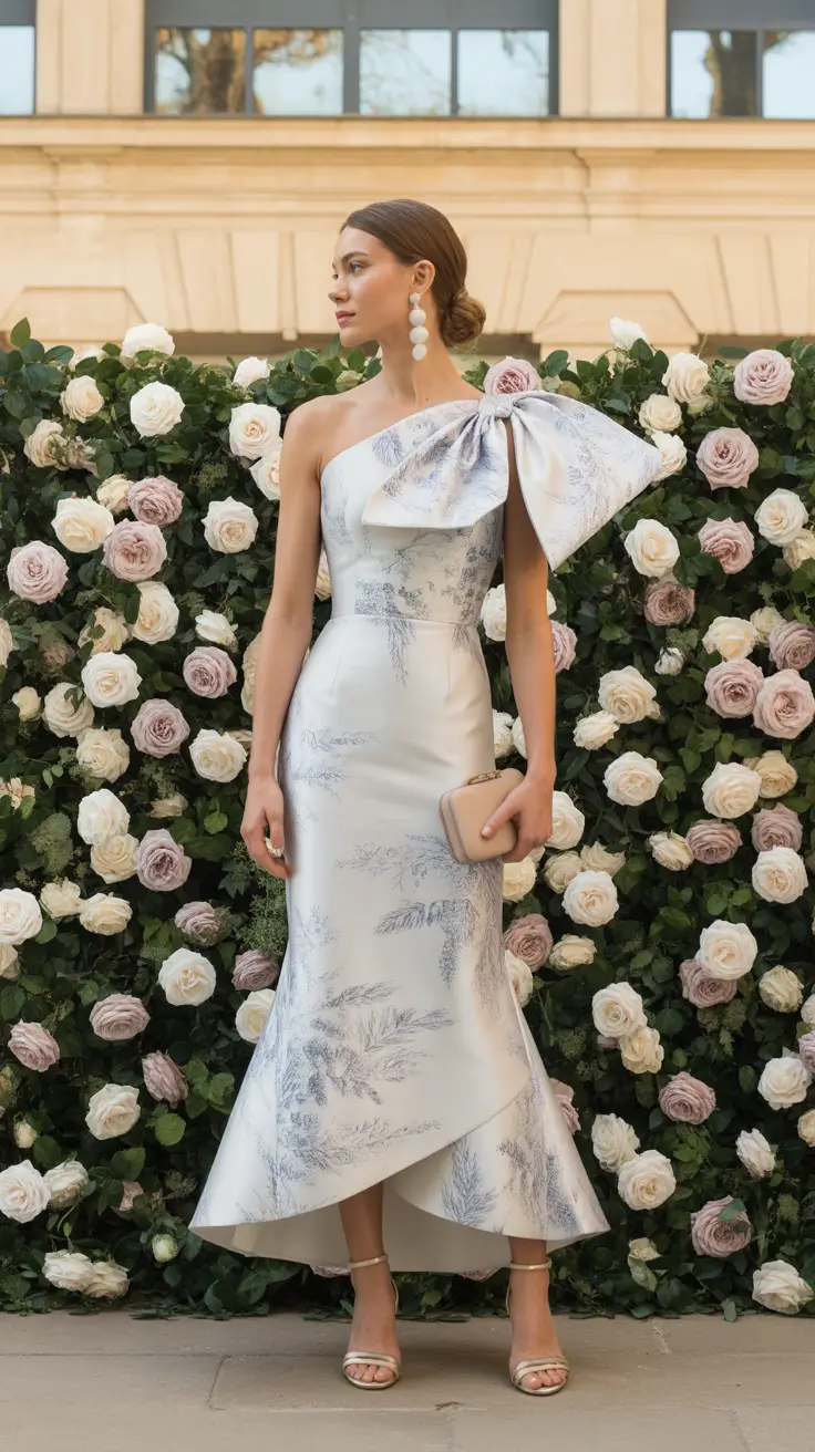 spring wedding guest outfit 2026 One Shoulder Bow Dress for Classy Formal Elegance
