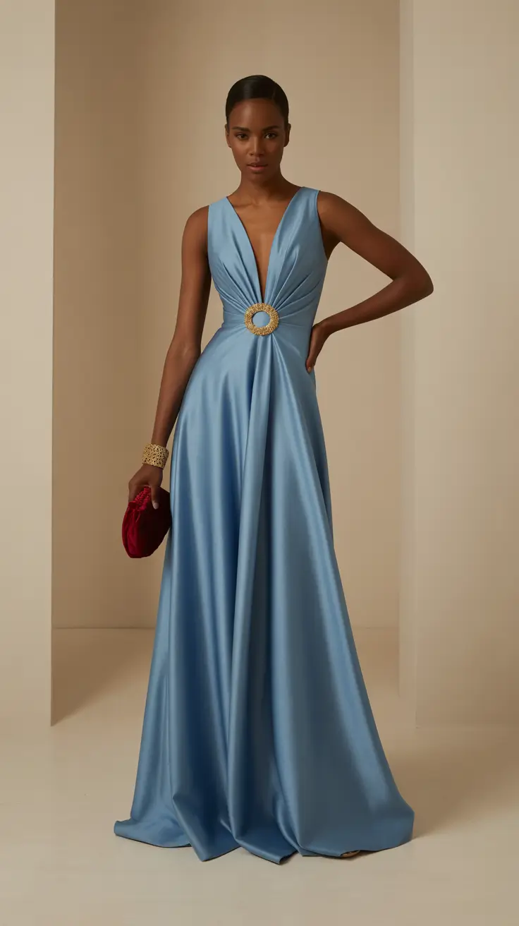 spring wedding guest outfit 2026 Powder Blue Gown with a Jewel Buckle Detail