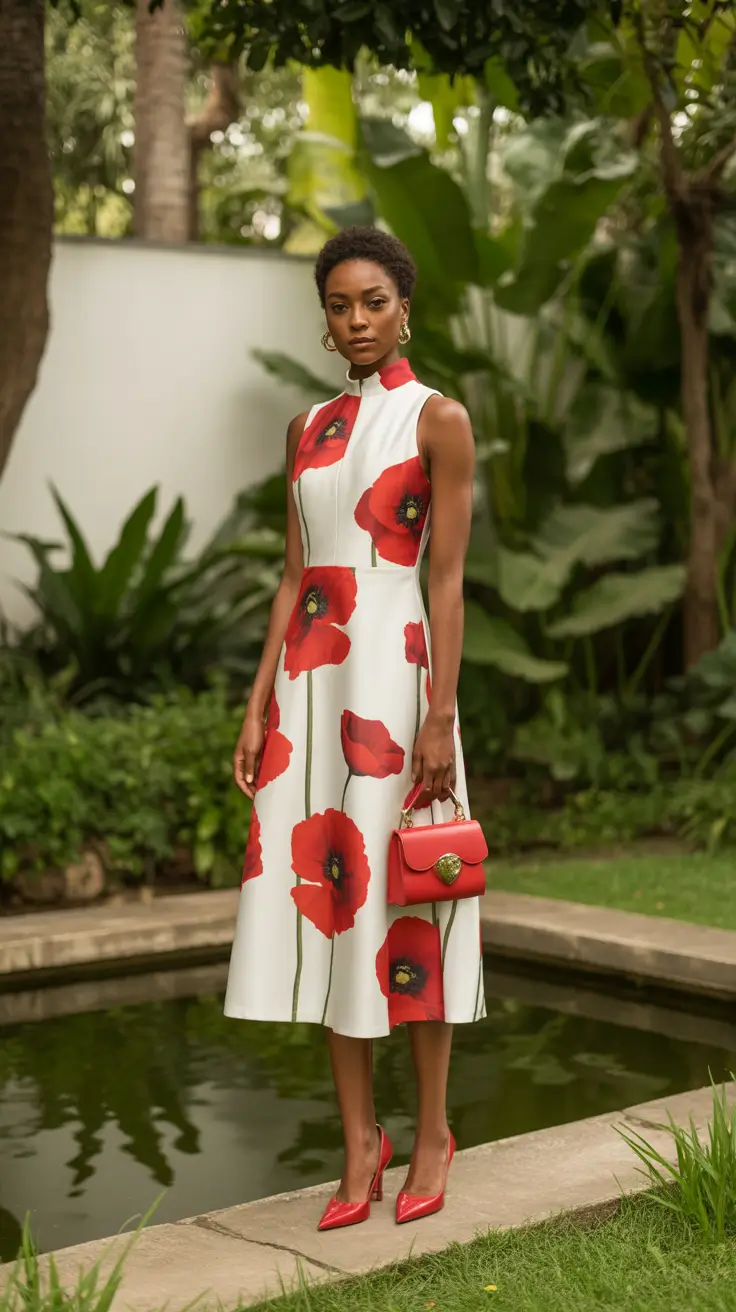 spring wedding guest outfit 2026 Red Poppy Midi for Classy Casual Elegance