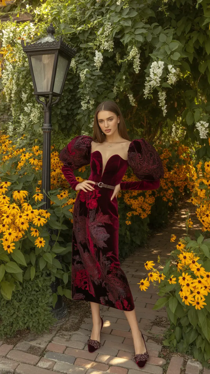 spring wedding guest outfit 2026 Deep Burgundy with Statement Sleeves