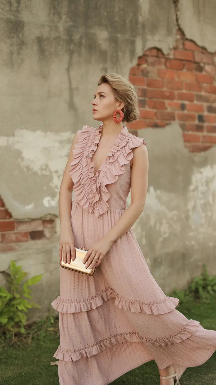 spring wedding guest outfit 2026 Soft Blush Ruffles for Early Spring Weddings