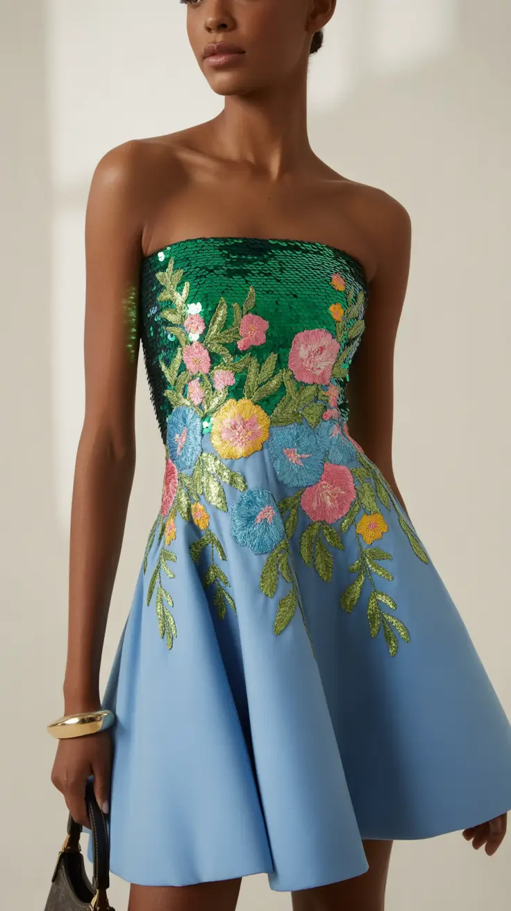 spring wedding guest outfit 2026 Sequin Florals for a Classy Semi Formal Moment