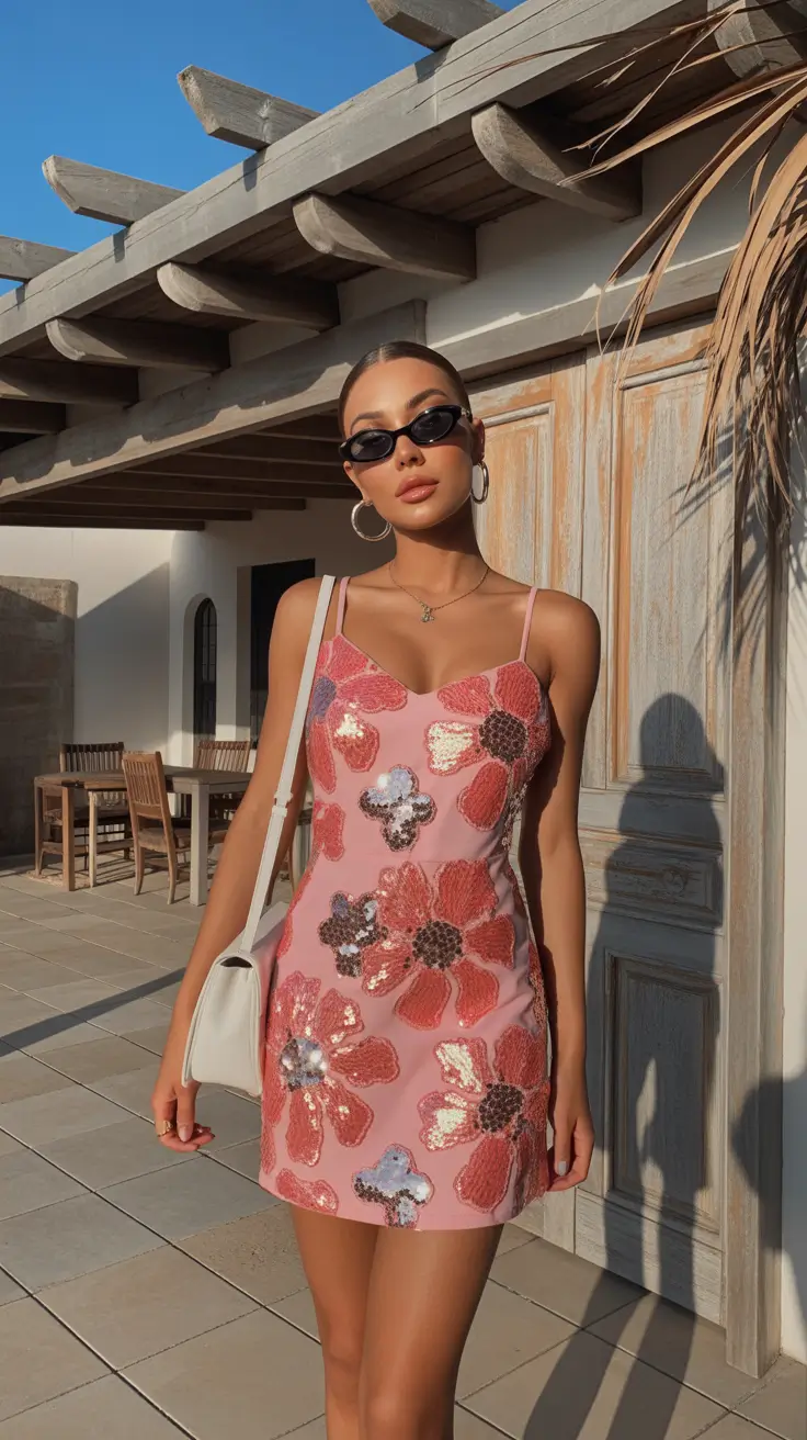 spring wedding outfit 2026 Pink Sequins for a Sunset Wedding Mood