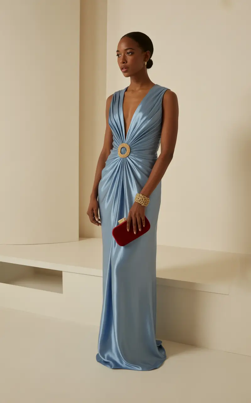 spring wedding outfit 2026 Silky Blue Draping for a Classy Evening Guest