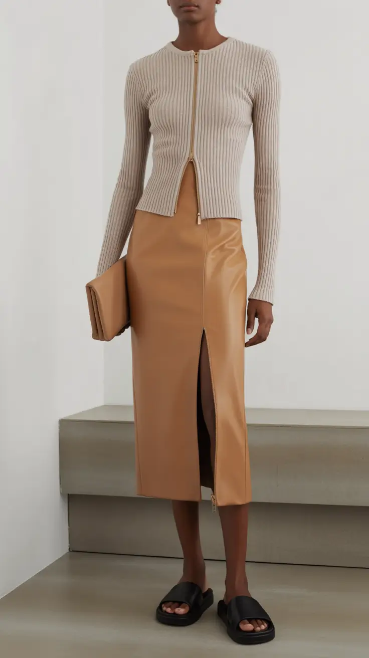 spring work outfits 2026 Tan Leather Skirt
