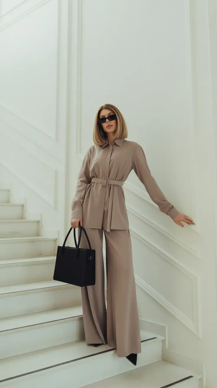 spring work outfits 2026 Taupe Belted Set