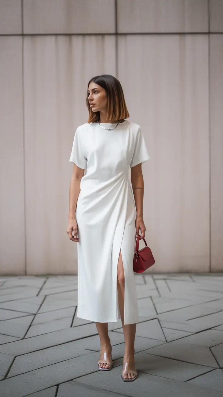 spring work outfits 2026 Clean White Dress for Office Chic Days