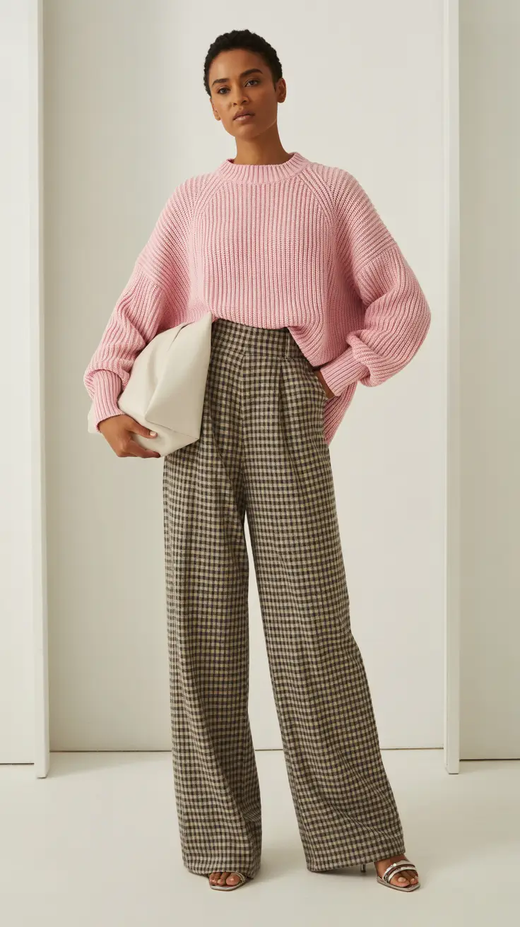 spring work outfits 2026 Cozy Pink Knit with Office Ready Plaid