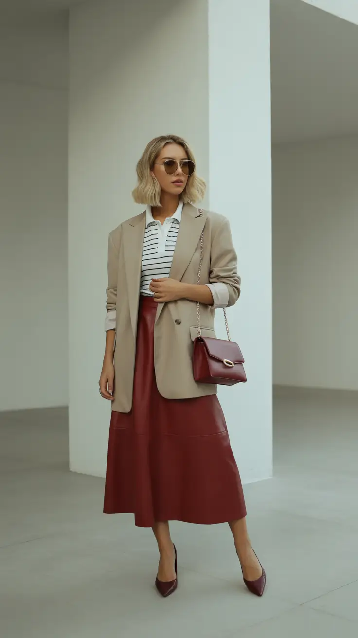 spring work outfits 2026 Beige Blazer Leather Skirt