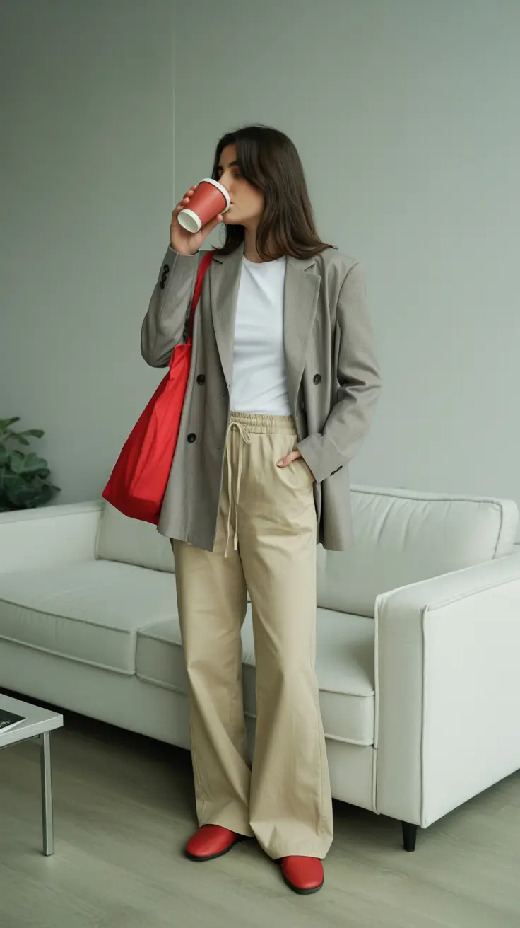 cold spring outfit 2026 Work Casual Neutrals With a Red Pop