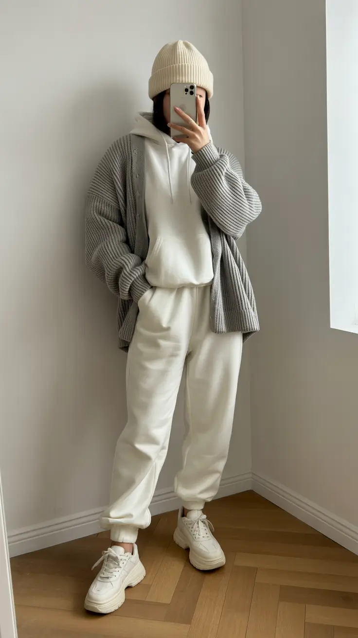 cold spring outfit 2026 Comfy Layering With a Hoodie and Cardigan
