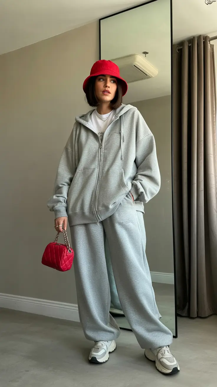 cold spring outfit 2026 Grey Tracksuit With a Red Bucket Hat Moment