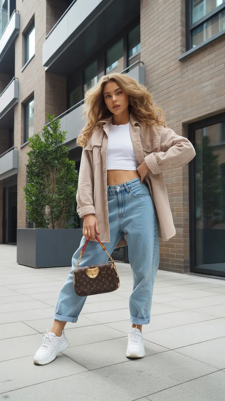 sneakers spring outfit 2026 Beige Overshirt With Jeans and White Sneakers