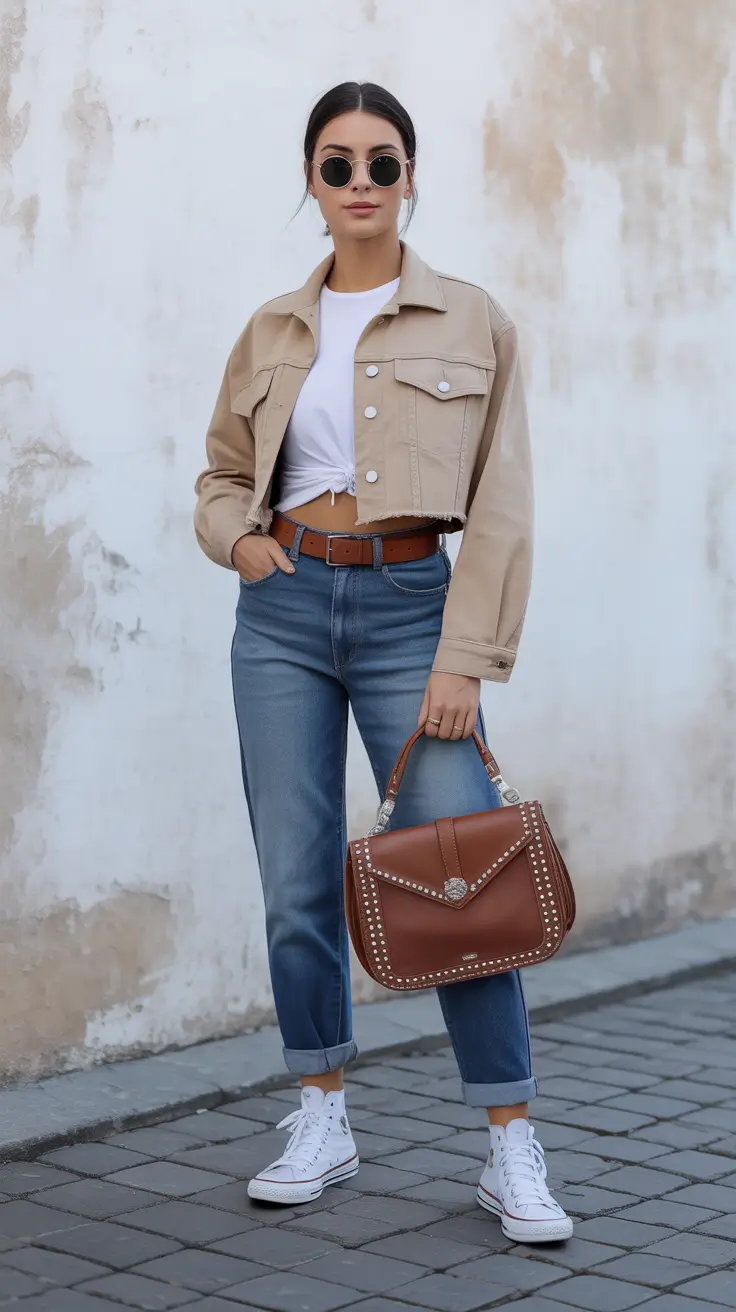 sneakers spring outfit 2026 Neutral Cropped Jacket With Classic White Sneakers