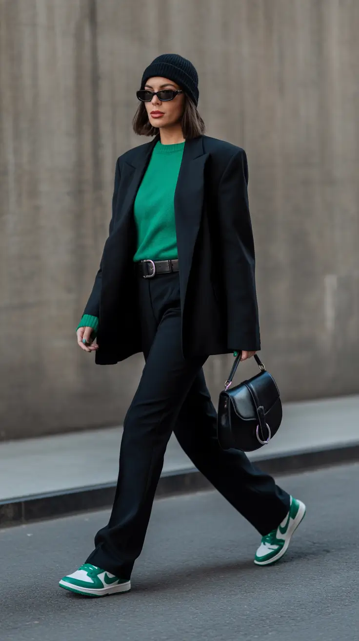 sneakers spring outfit 2026 Green Sweater With Tailored Black and Green Sneakers